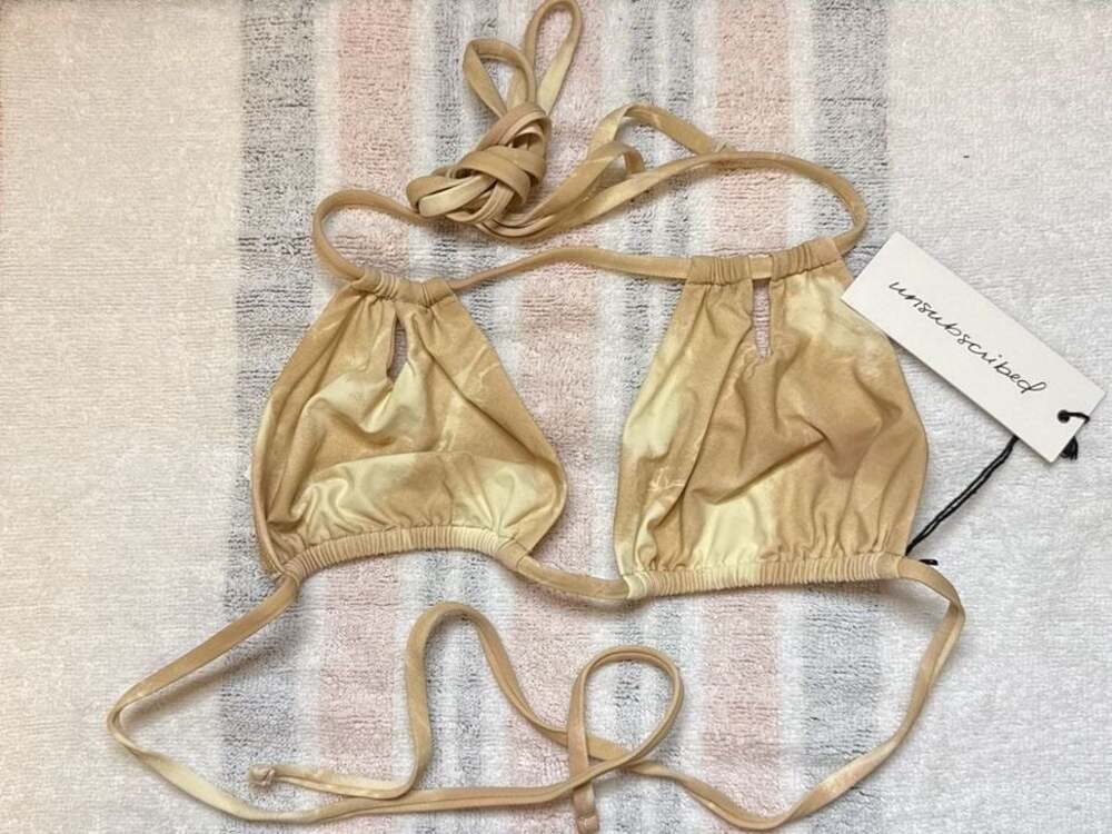 Unsubscribed Tan Marble Triangle Lacing Bikini Top